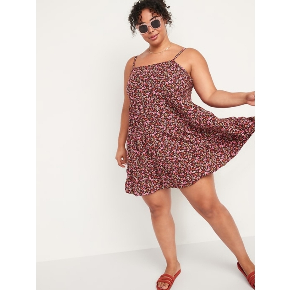 Old Navy Burgundy Ditsy Floral Sleeveless Tiered Swing Mini Dress Size XL